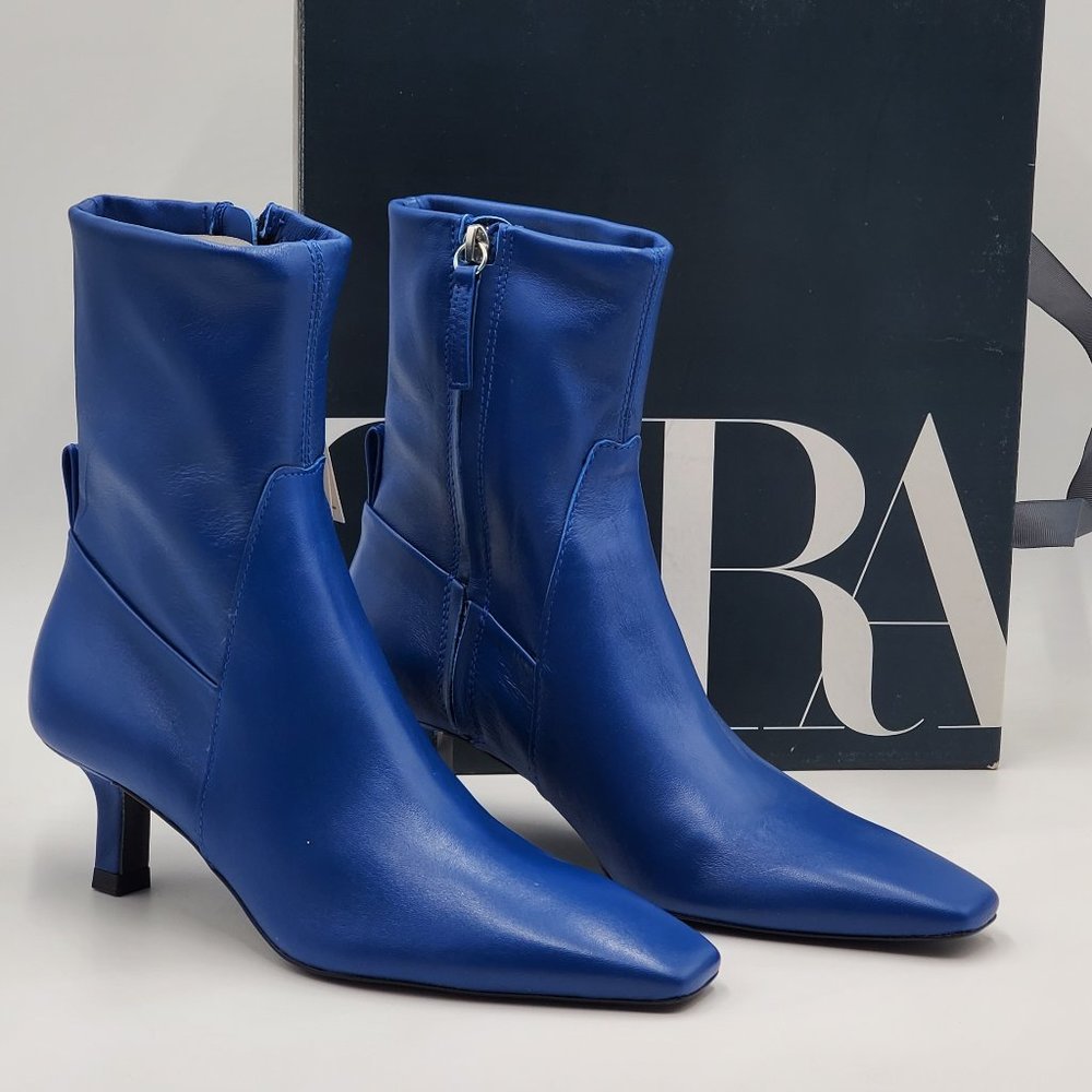 Zara Electric Blue Leather Kitten Heel Booties - NWT - Picture 2 of 16